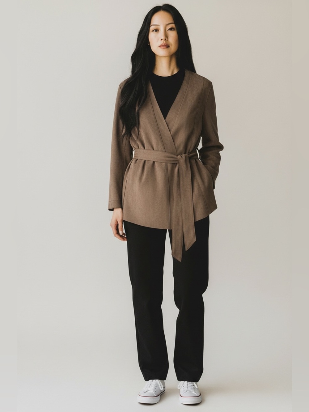 Zara Taupe Wrap Blazer with Self-Tie Belt